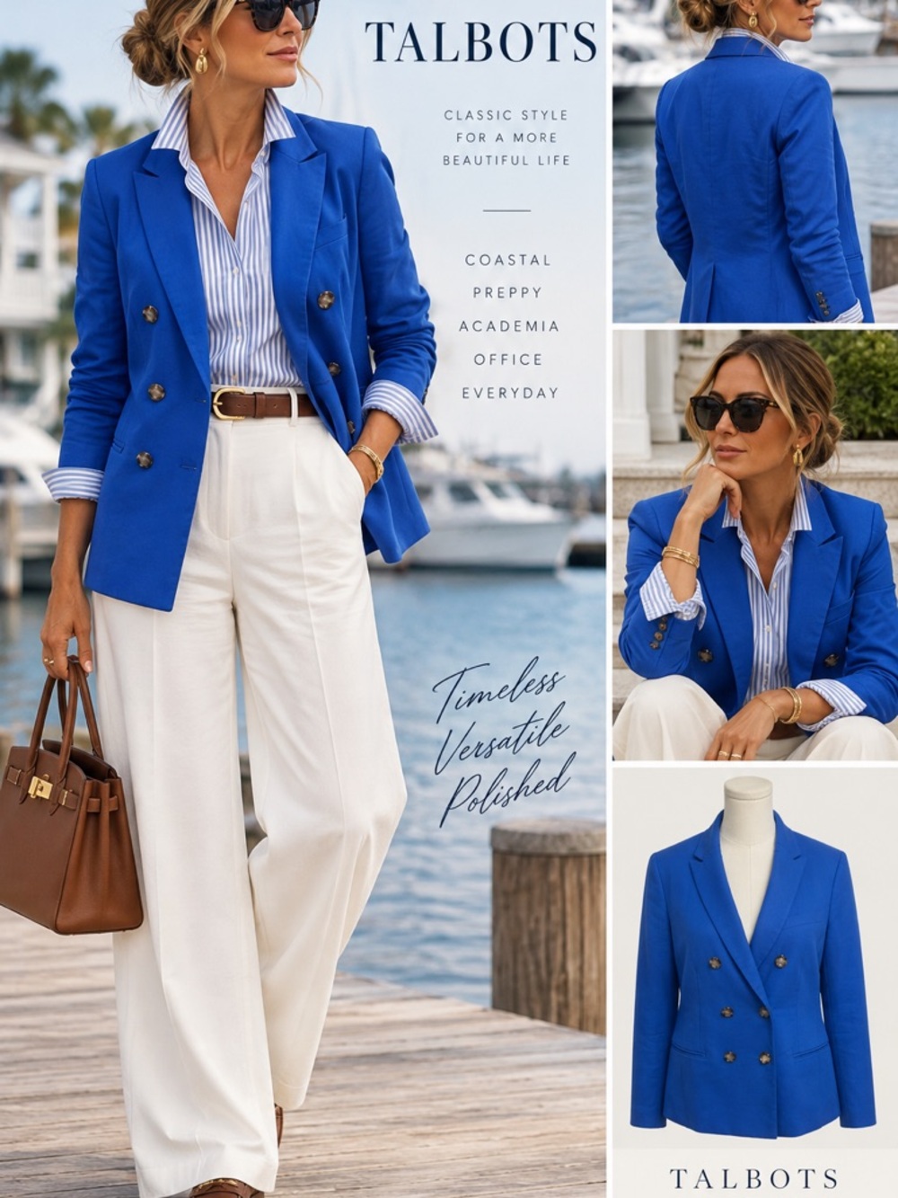 Talbots Blue Double Breasted Blazer Sz 8 Cotton Coastal Preppy Academia Jacket